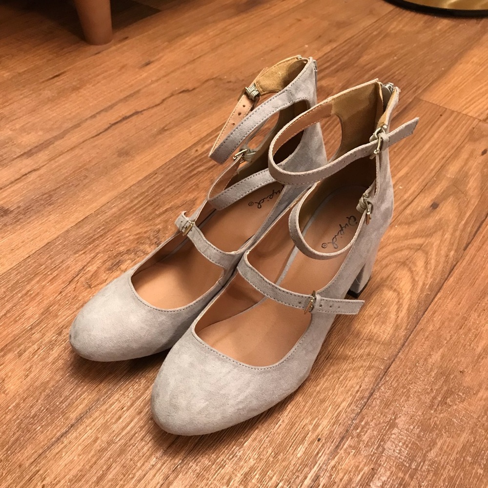 Gray Strappy Block Heels